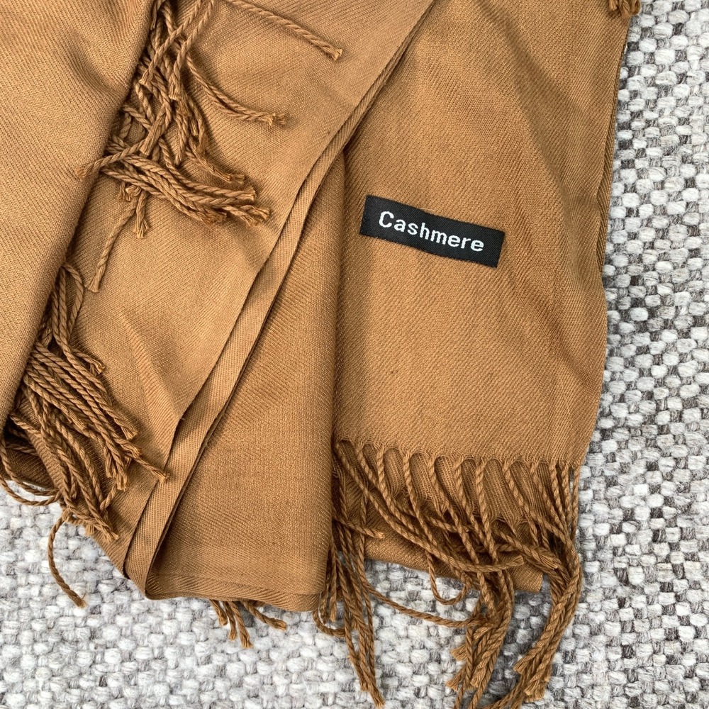 Unbranded Pashmina Shawl Women OS Camel Brown Cashmere Blend Fringe Wrap Scarf